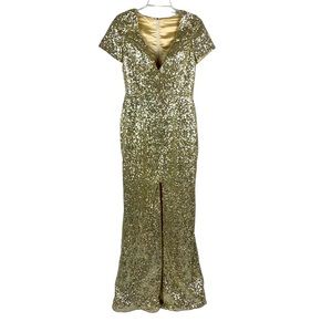 Custom Gold & Silver Sequined Long Evening Gown w/Deep V & Slit Skirt Sz 6 Busty